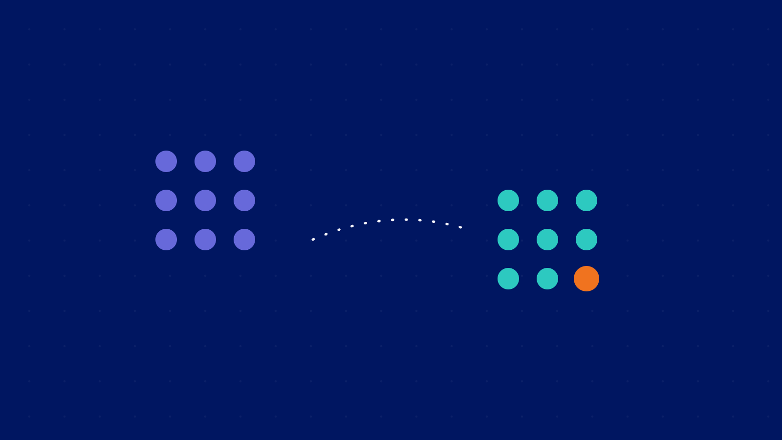 A grid of dots moving across a dotted path to a new position, representing a website migration