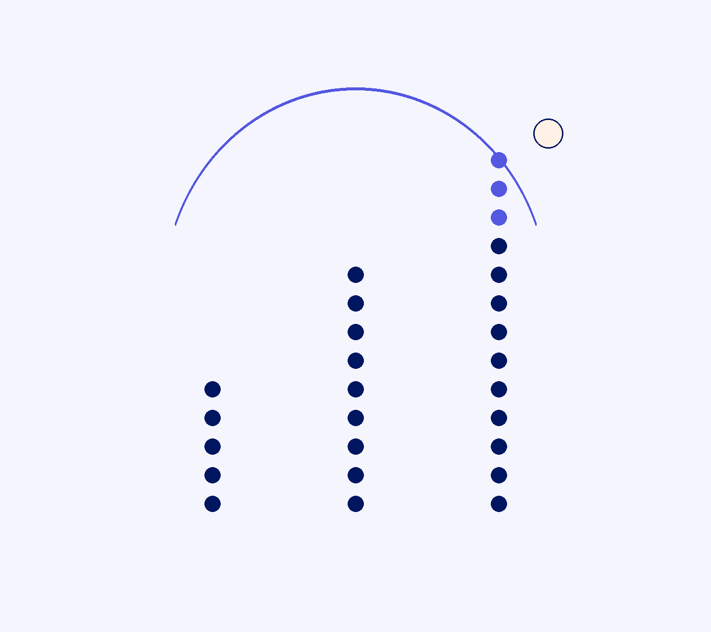 Three ascending columns of dots beneath a rising arc, representing organic search growth compounding for an online store