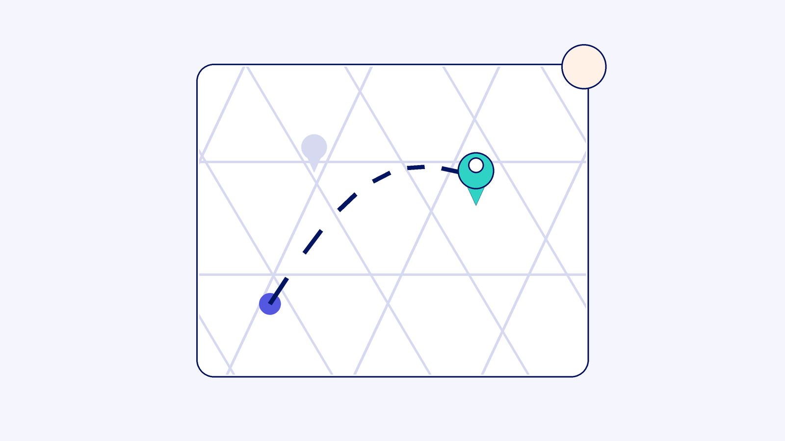 Flat illustrated street map with a dashed route leading to a teal location pin