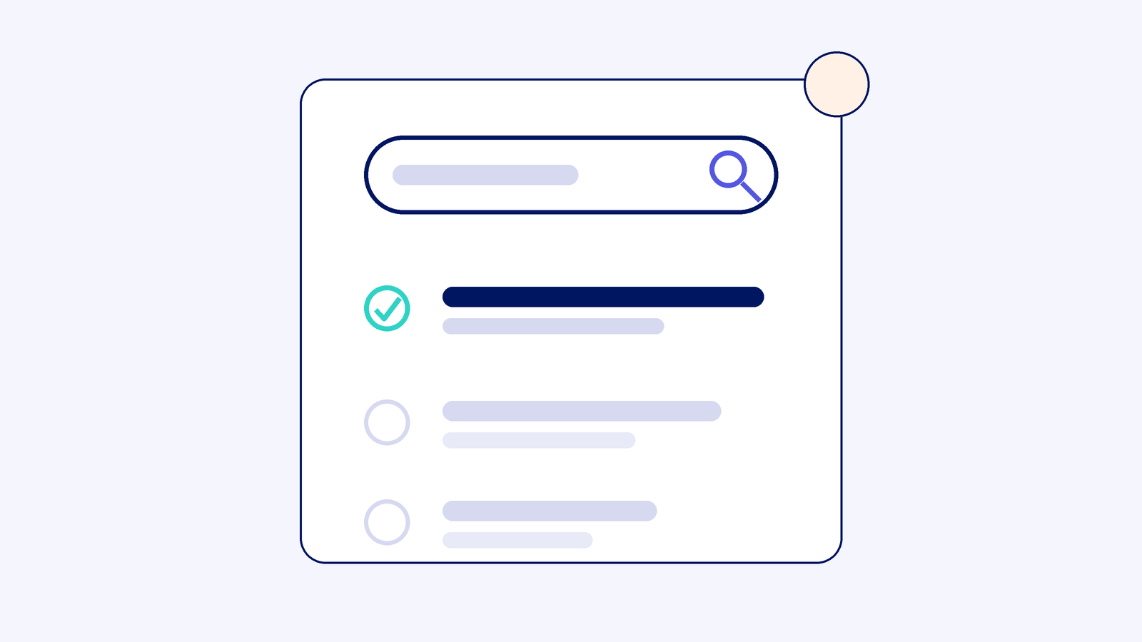 Flat illustrated search results card with one clear ticked result above faded competitors
