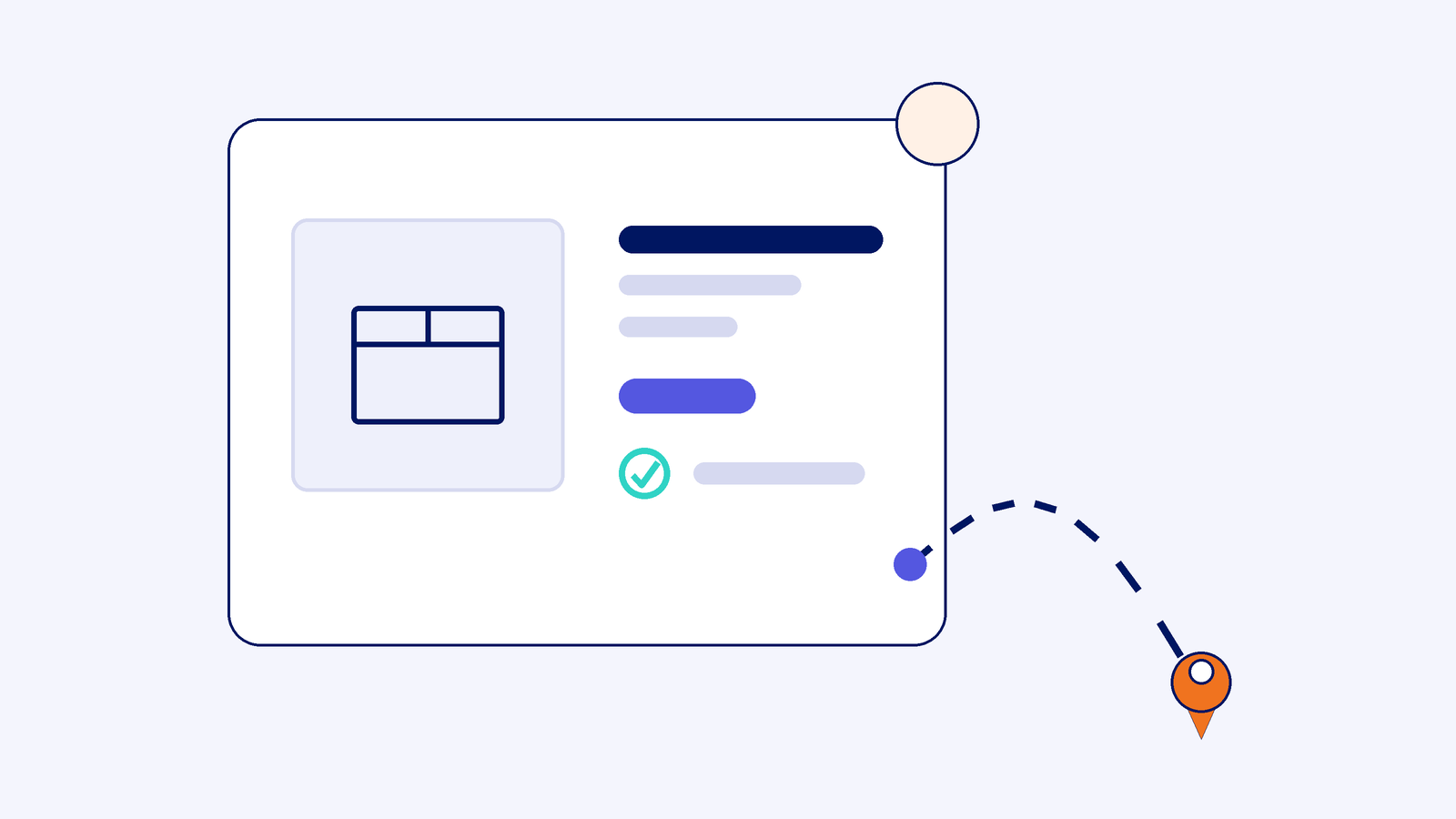 Line illustration of a product page with an in-stock tick and a dashed delivery route to a distant map pin