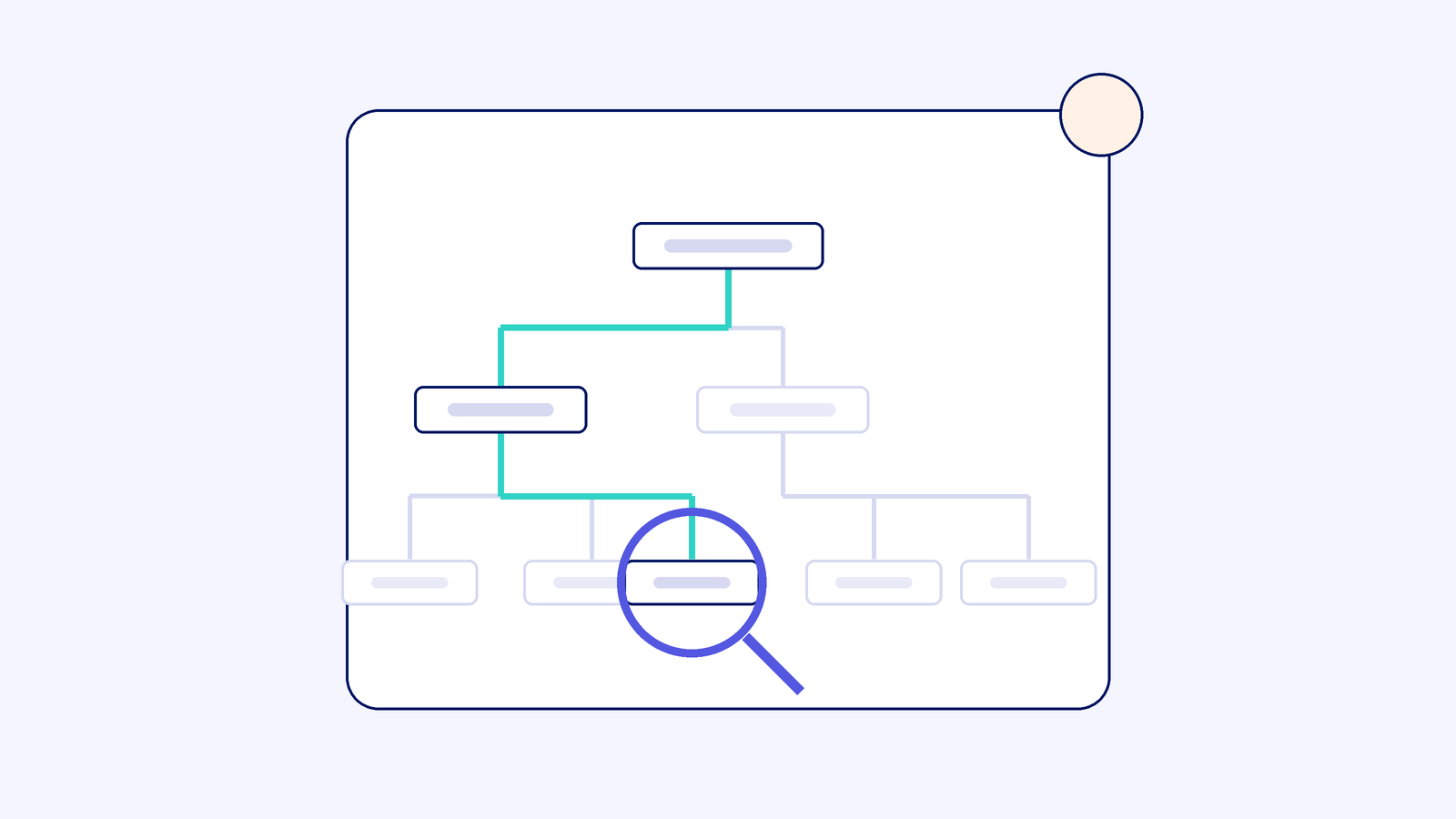 Line illustration of a site architecture tree with one branch highlighted and a magnifier over the focal page