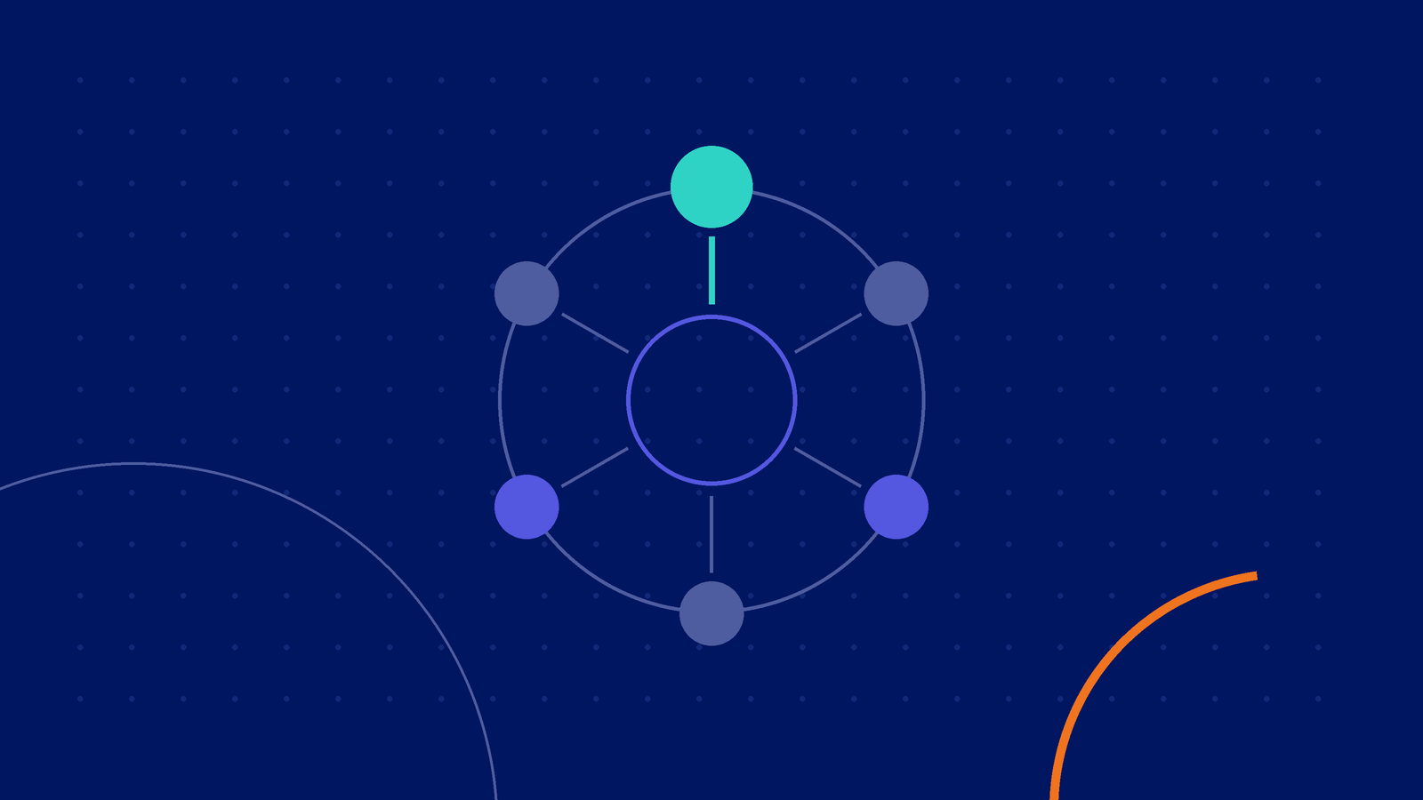 Six seats around a ring table on navy, one teal seat connected to the centre