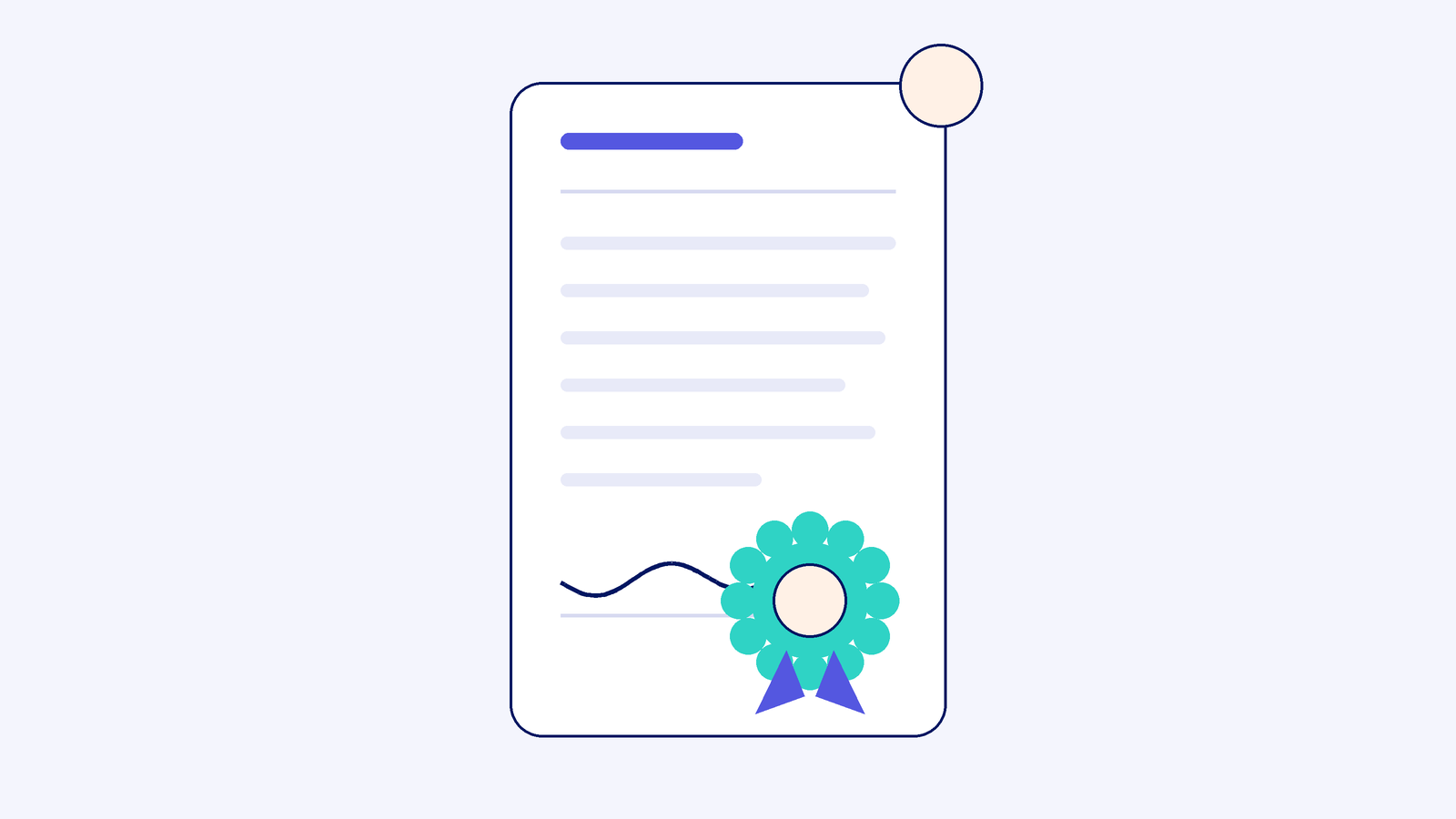 Document card with paragraph lines, a signature and a teal rosette seal with ribbons