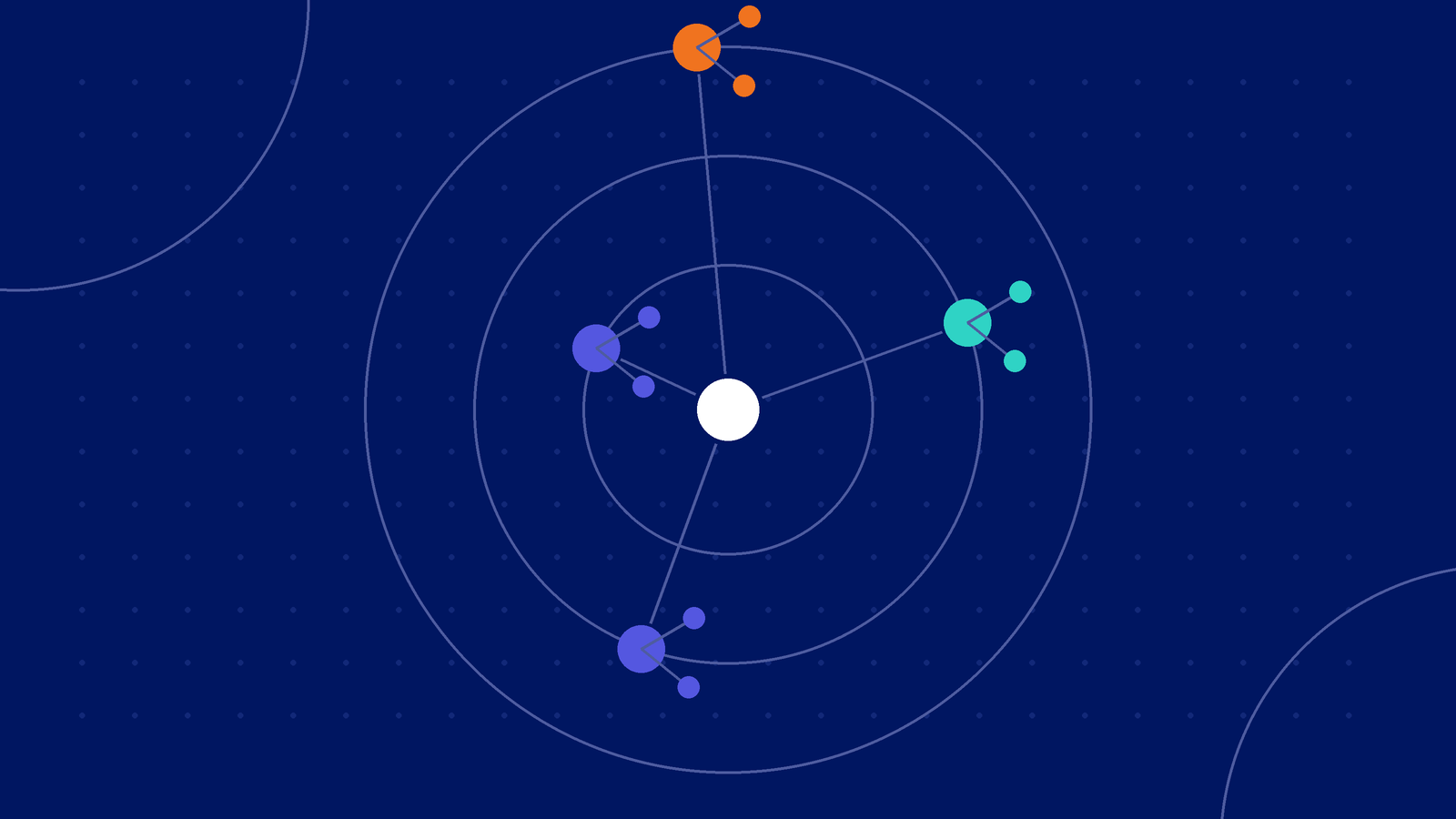 Abstract dark illustration of a central store node connected to storefront clusters on orbital rings