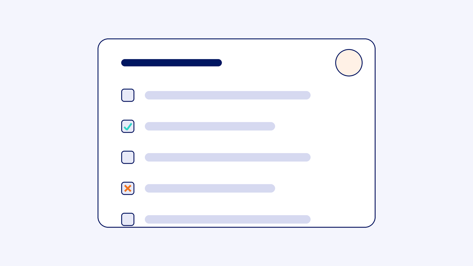 A checklist card of question rows with one teal tick and one orange cross