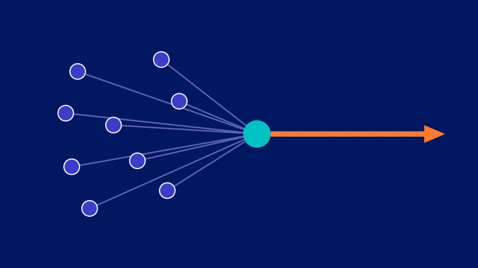 Scattered lead dots converging into a single arrow on navy