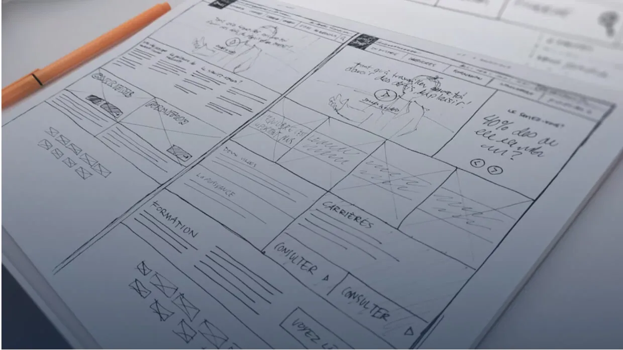 Hand-drawn website wireframes on paper