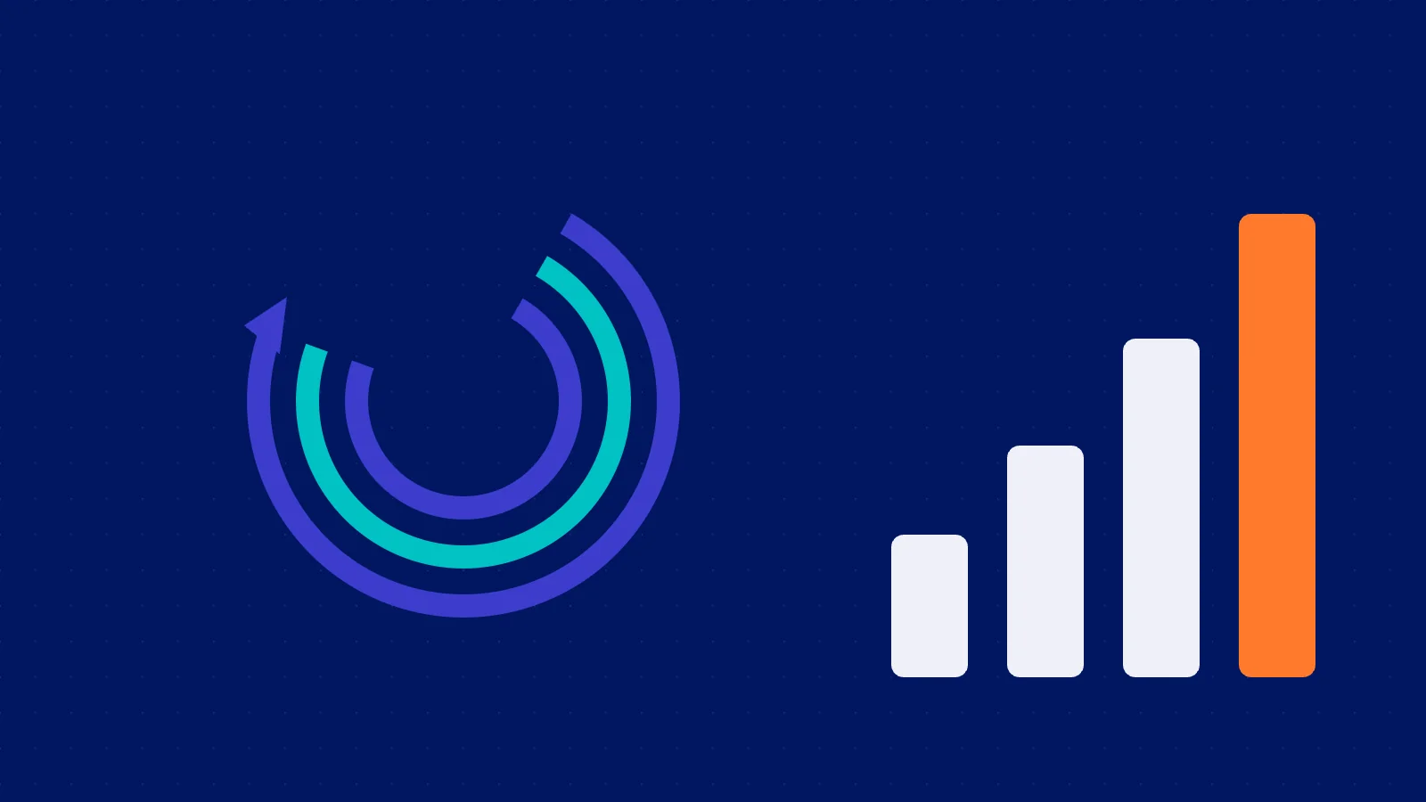 A circular arrow loop beside a rising bar chart on navy
