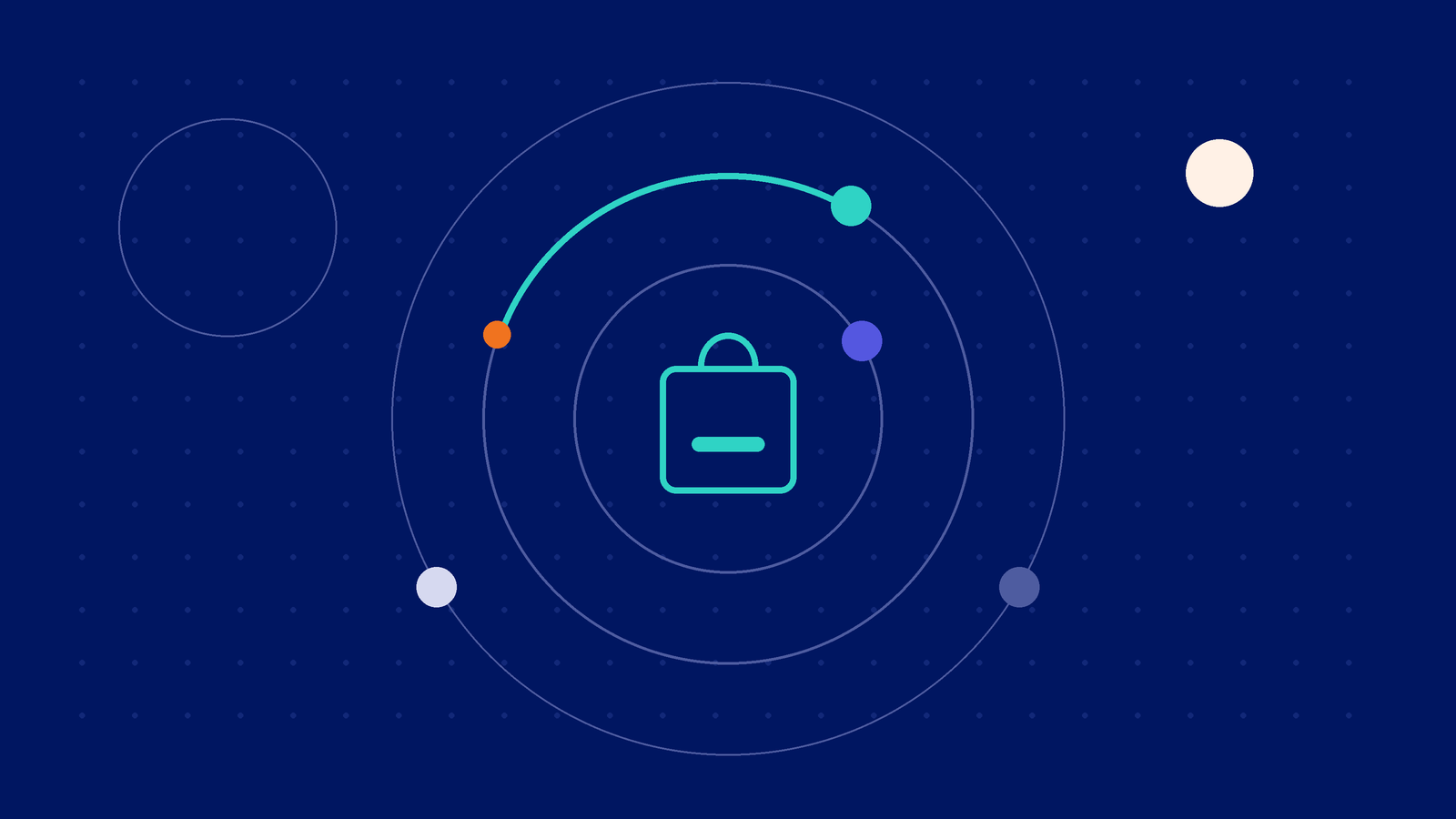 Abstract illustration of a shopping bag at the centre of orbit rings with market dots around it