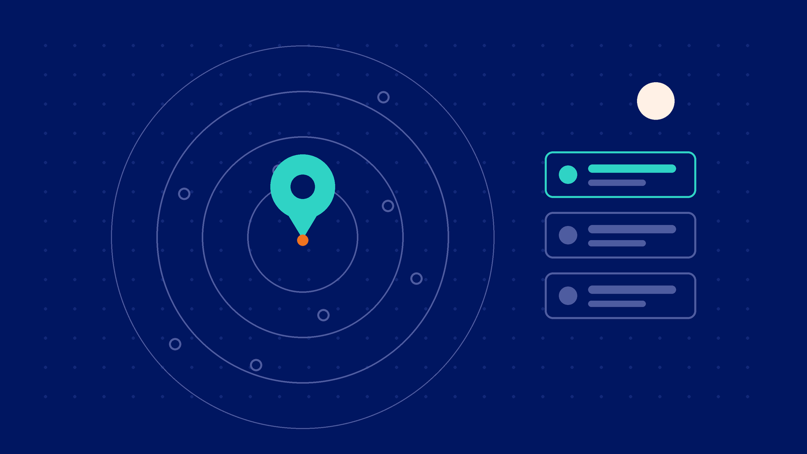 Abstract illustration of a map pin inside proximity rings beside a three-row local results stack