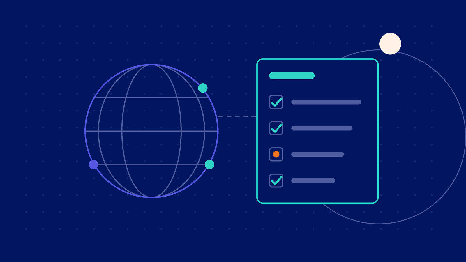 Abstract illustration of a globe beside an audit checklist with one item flagged