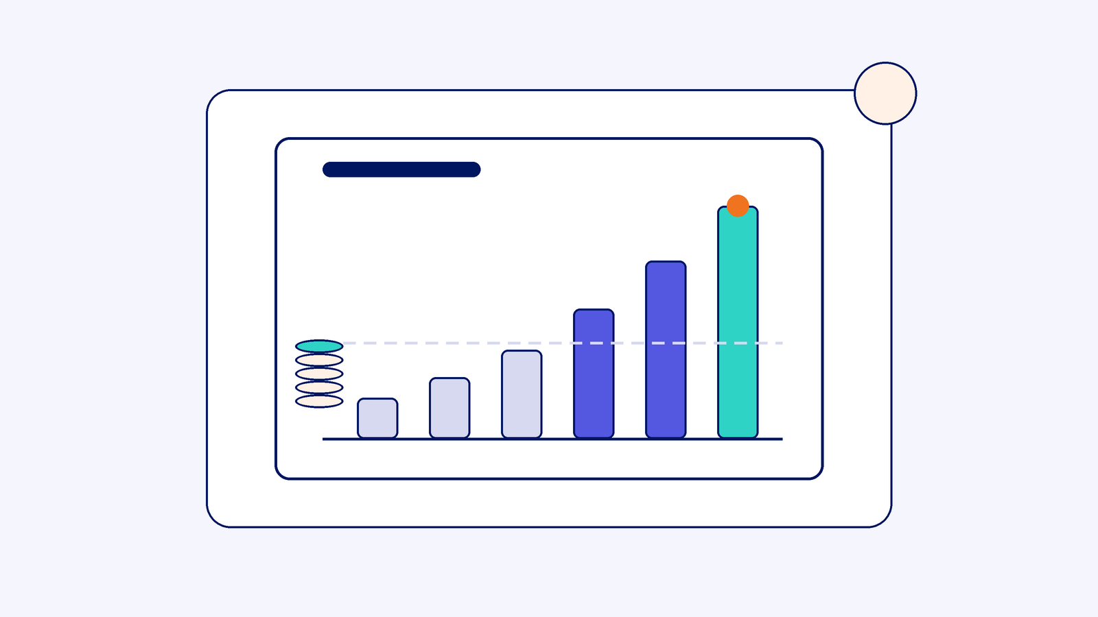 A bar chart rising over time with a stack of coins at its base