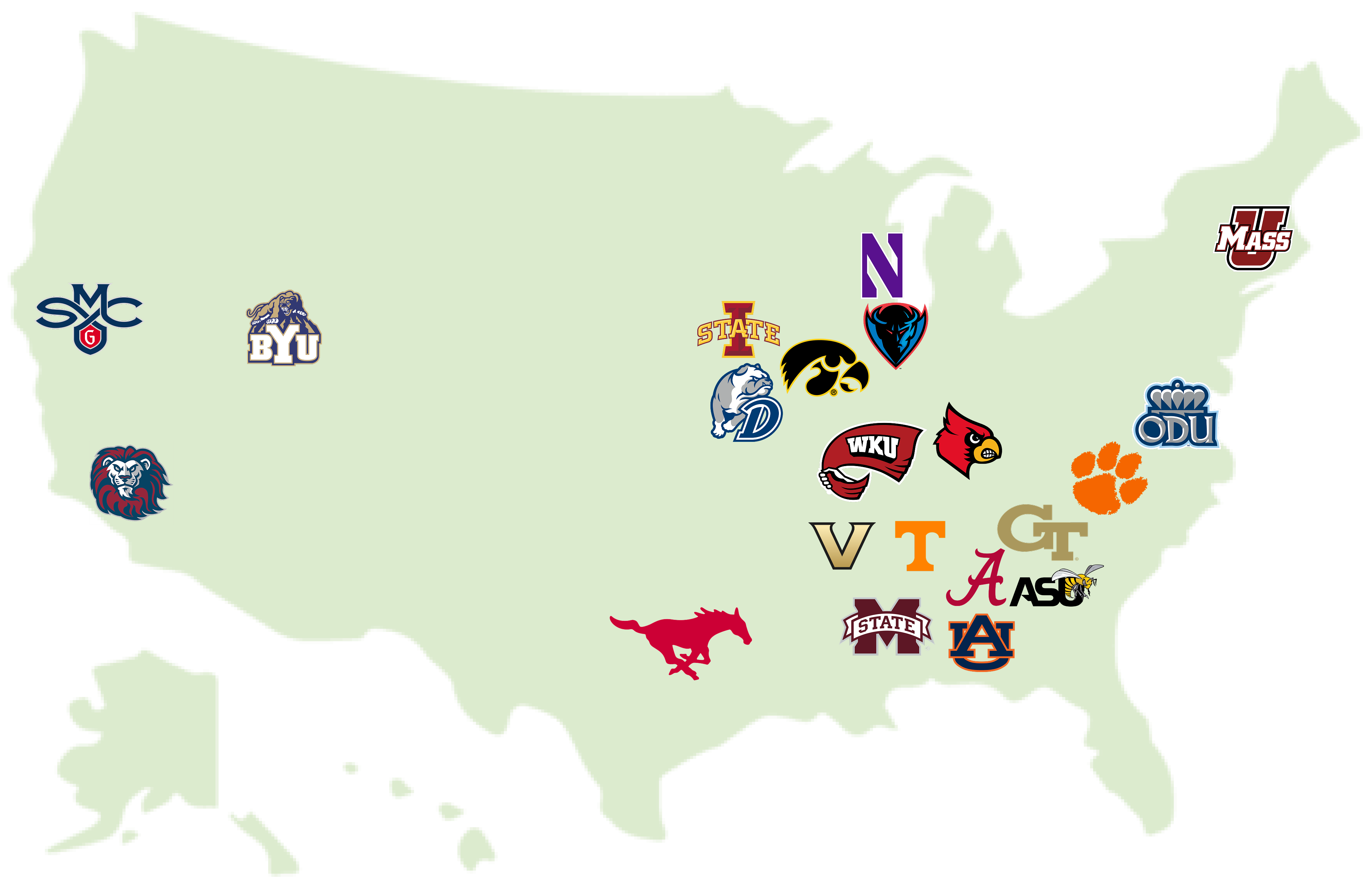 Map of the United States showing various college sports team logos that are Scout clients