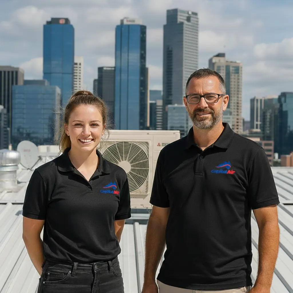 Two technicians standing on a rooftop with air conditioning equipment behind them, wearing black Capital Air Group polo shirts, with a city skyline in the background.