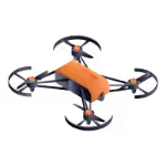 Isometric orange and black quadcopter drone with four propellers on a black background.