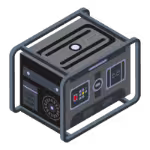 Isometric illustration of a small industrial generator with control panel and ventilation fan.