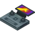 Isometric remote control with two joysticks and a floating screen showing a flame icon.