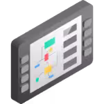 Isometric icon of software interface with flowchart elements and menu on gray background.