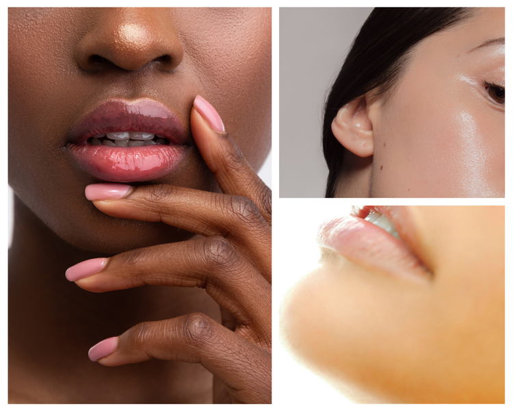 Close-up collage of diverse women's facial features showing lips, nails, and glowing skin.
