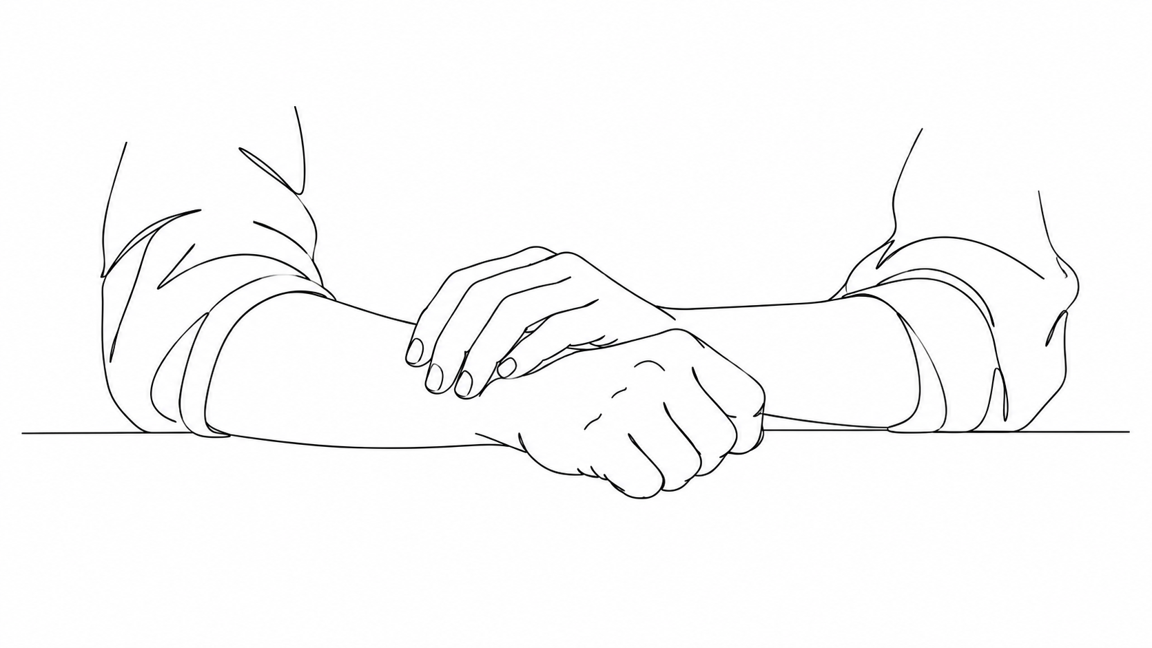 Minimal black line drawing of a lightly clenched hand and another hand resting on the wrist.