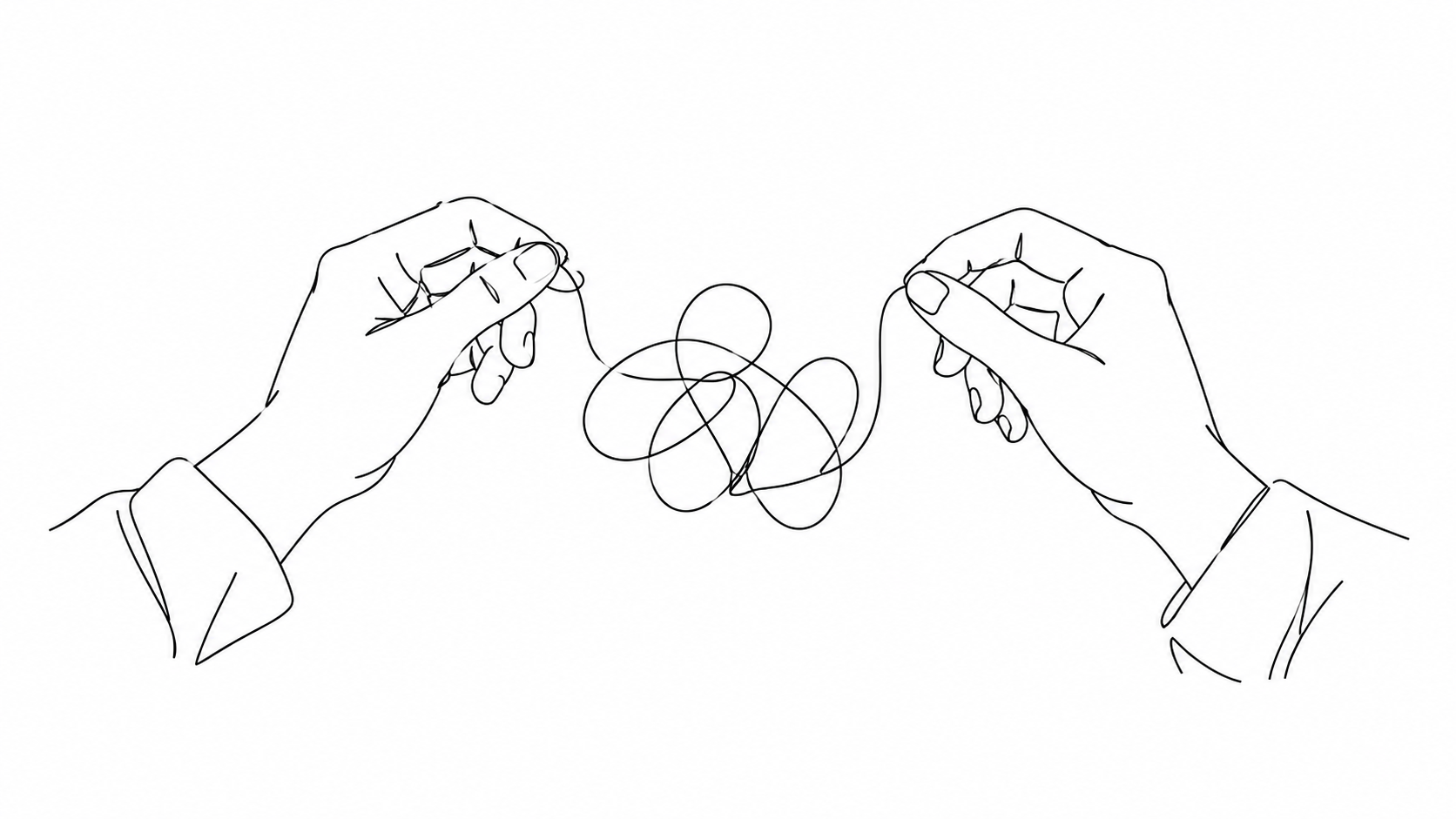 Minimal black line drawing of two hands holding a loosely looping thread.