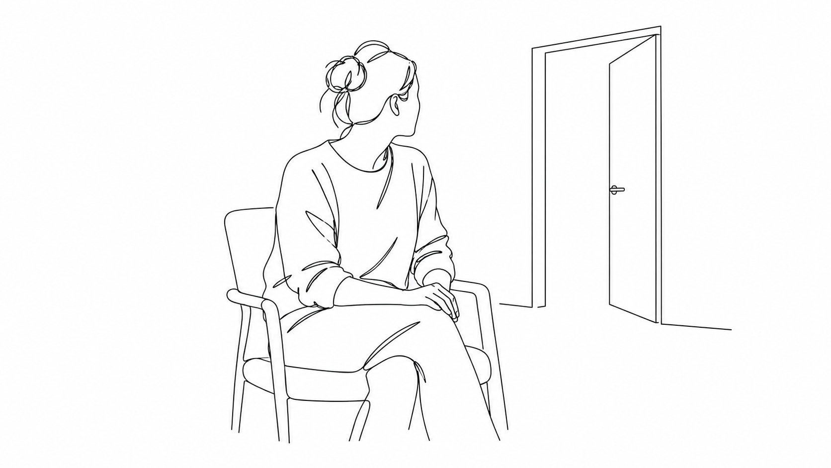 Minimal black line drawing of a seated person turning toward an open doorway.