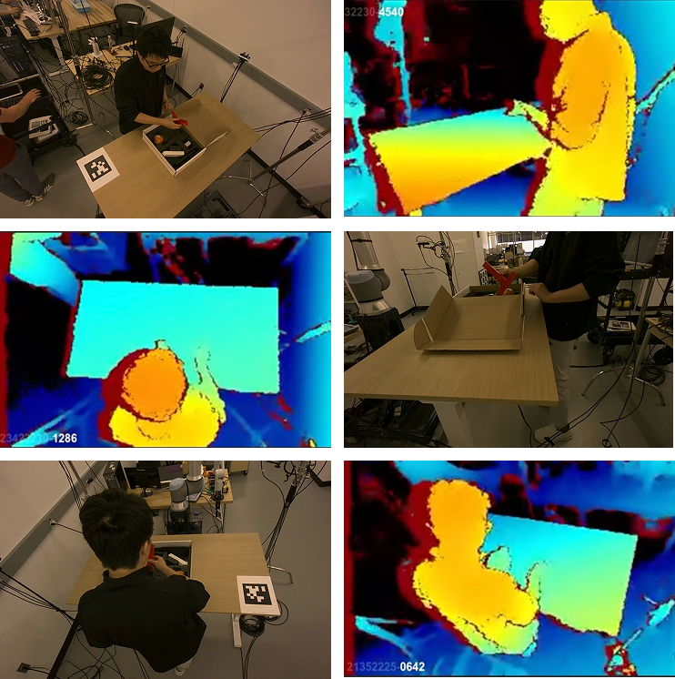 Collage of images showing a person interacting with objects on a table alongside thermal or depth sensor views highlighting the person's movements and object positions in a lab setting.