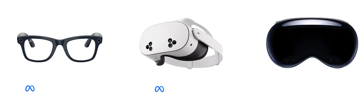 Meta Ray-Bans smart glasses, Meta Quest virtual reality headset, and Apple Vision Pro mixed reality headset displayed side by side.