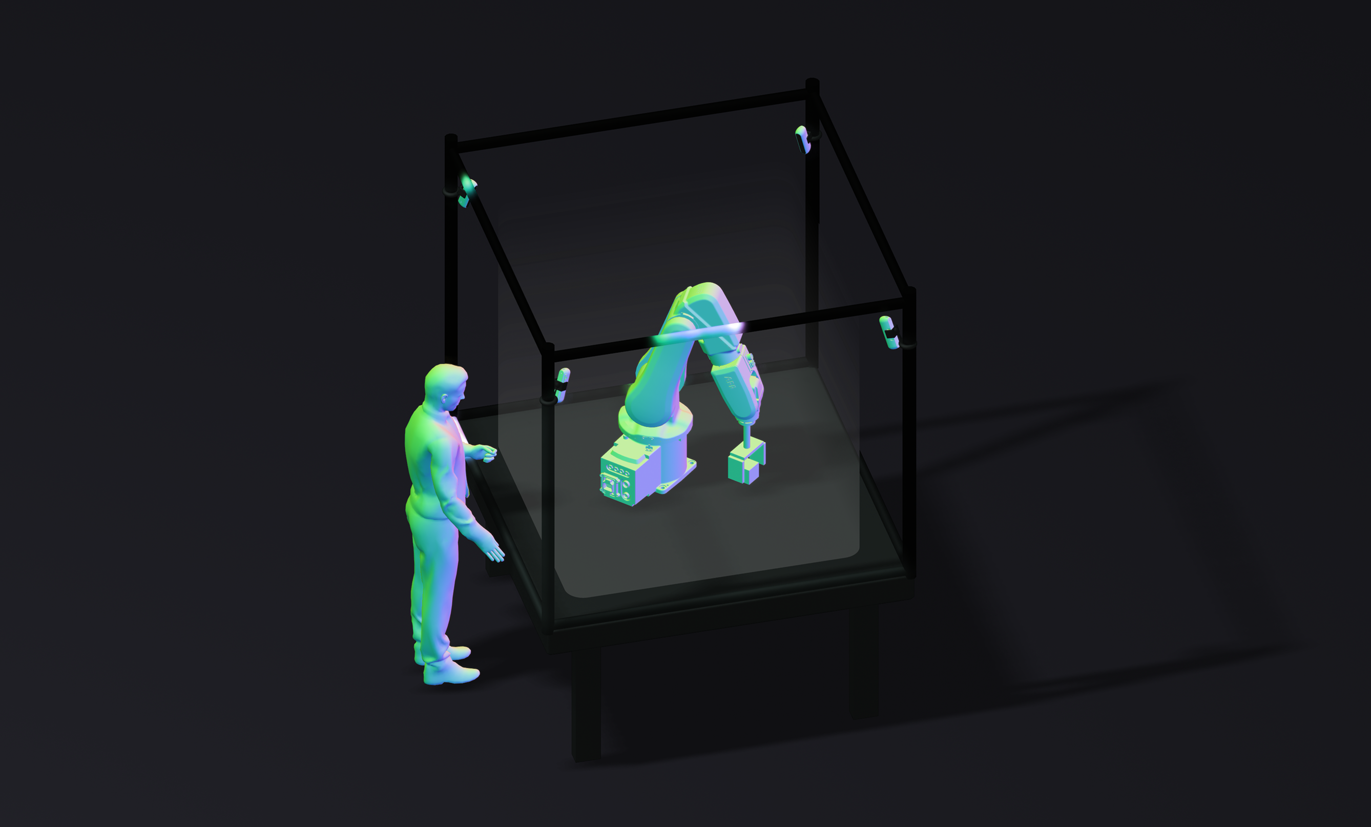 3D illustration of a person operating a robotic arm inside a glass enclosure on a dark background.