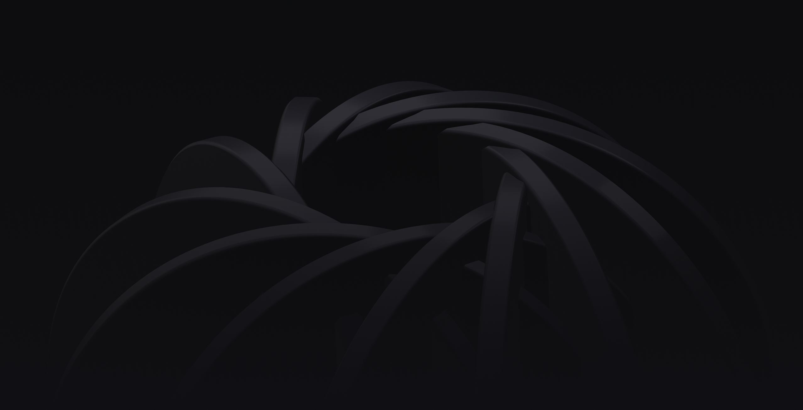 Abstract dark 3D sculpture with interlocking curved bands against a black background.