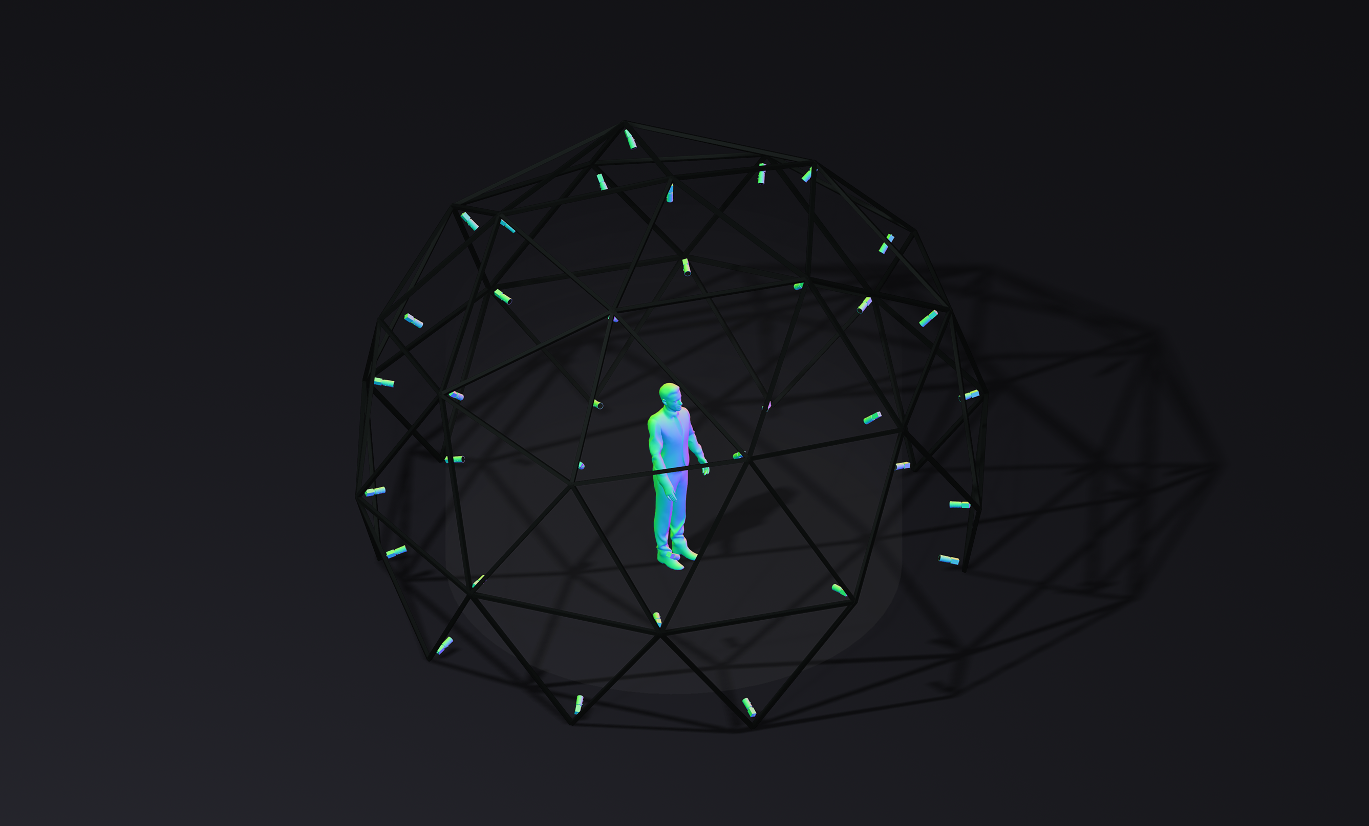 3D render of a person standing inside a black geodesic dome framework with small cylindrical lights attached at various joints and casting shadows on a dark surface.