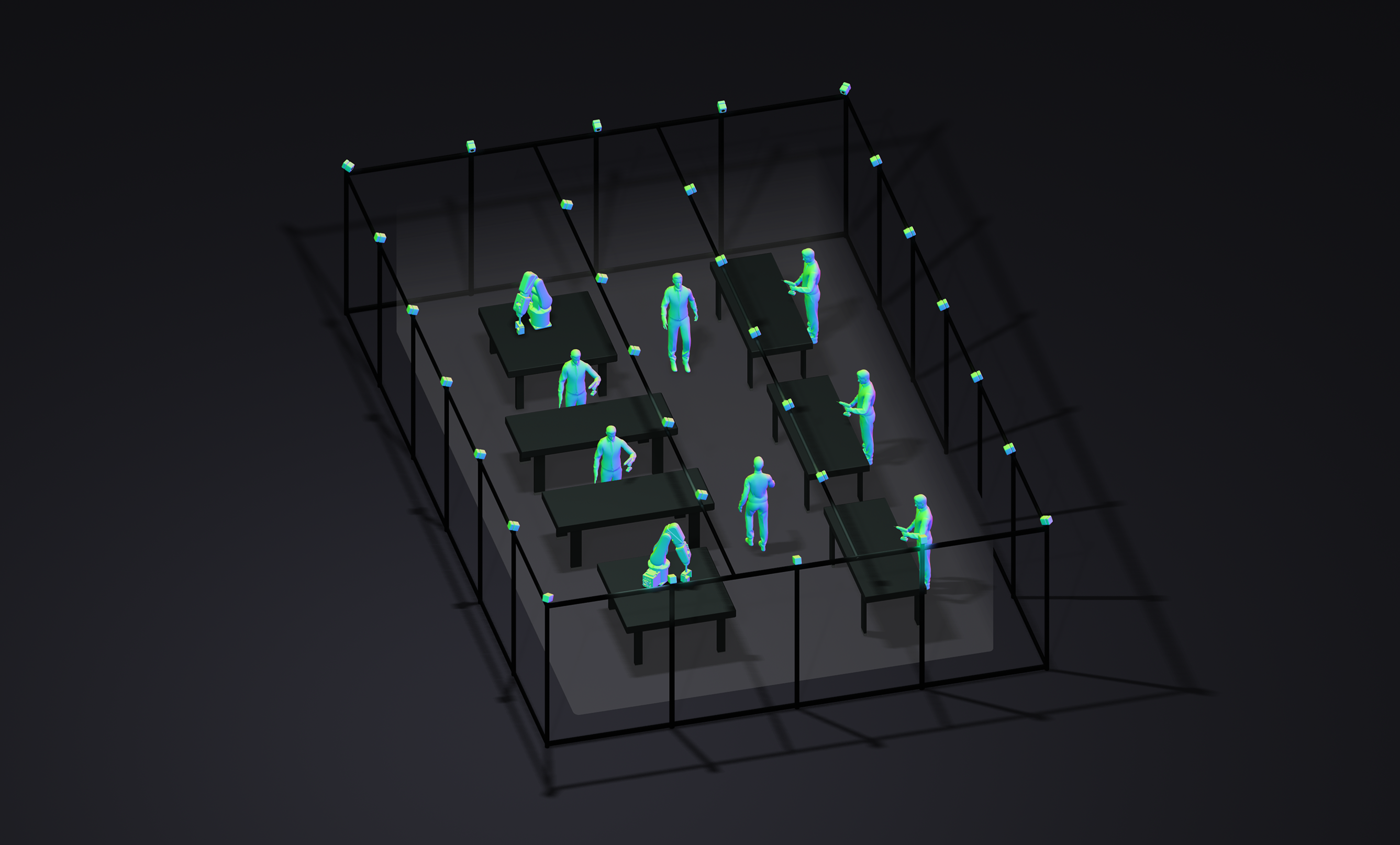 Isometric view of a fenced workspace with humanoid figures and robotic arms on tables.