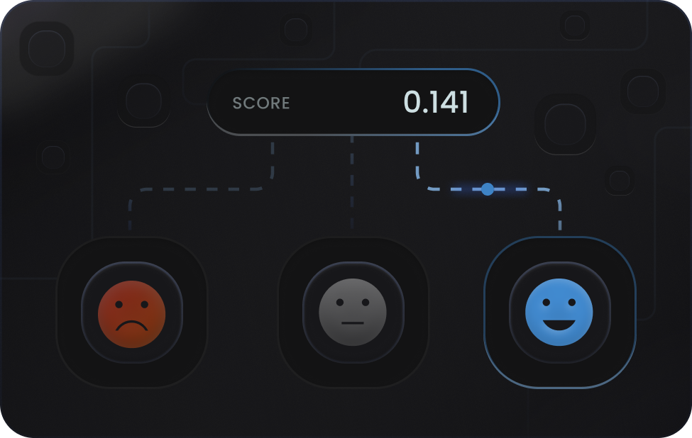 Interface showing a score of 0.141 with three emoji faces: a red sad face, a gray neutral face, and a blue happy face with a selector on the happy face.