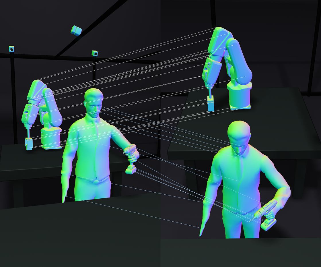 3D rendered scene showing two human figures holding power drills facing robotic arms mounted on tables, connected by white lines in a dark room.