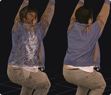 3D wireframe mesh rendering of a smiling man's face and upper torso on a dark background.