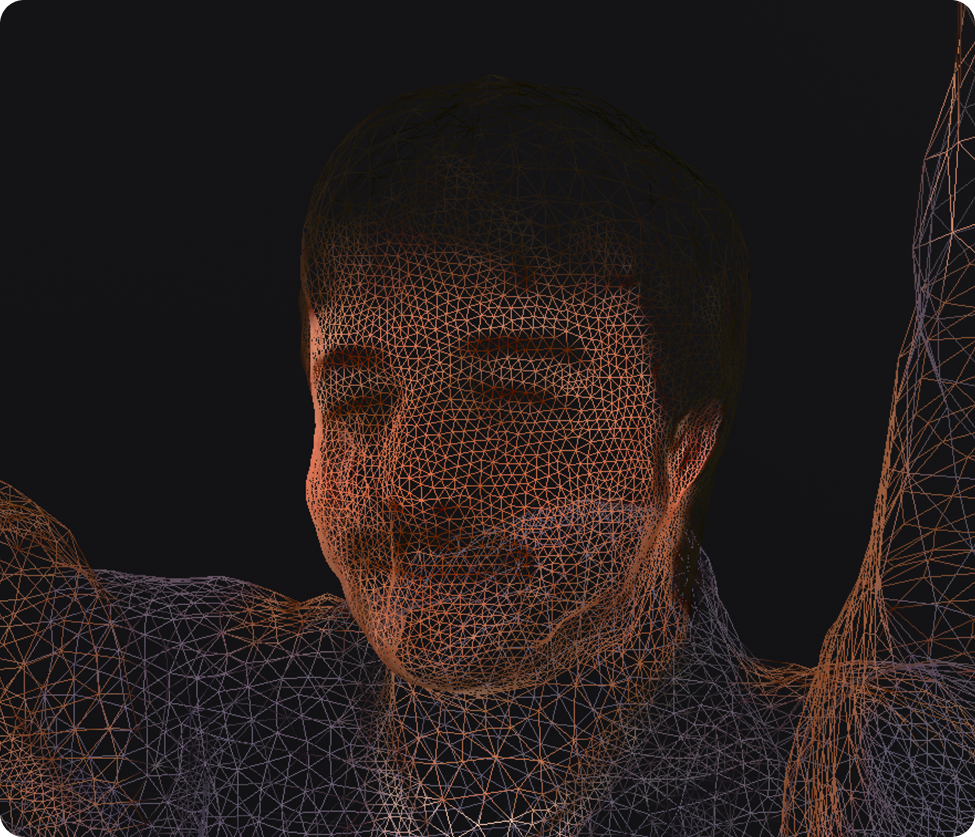3D wireframe mesh rendering of a smiling man's face and upper torso on a dark background.
