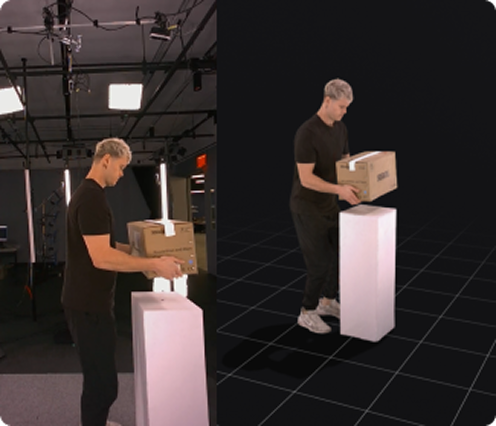 Side-by-side image showing a man in black placing a cardboard box on a white pedestal in a studio setting and a digital 3D recreation of the same scene.