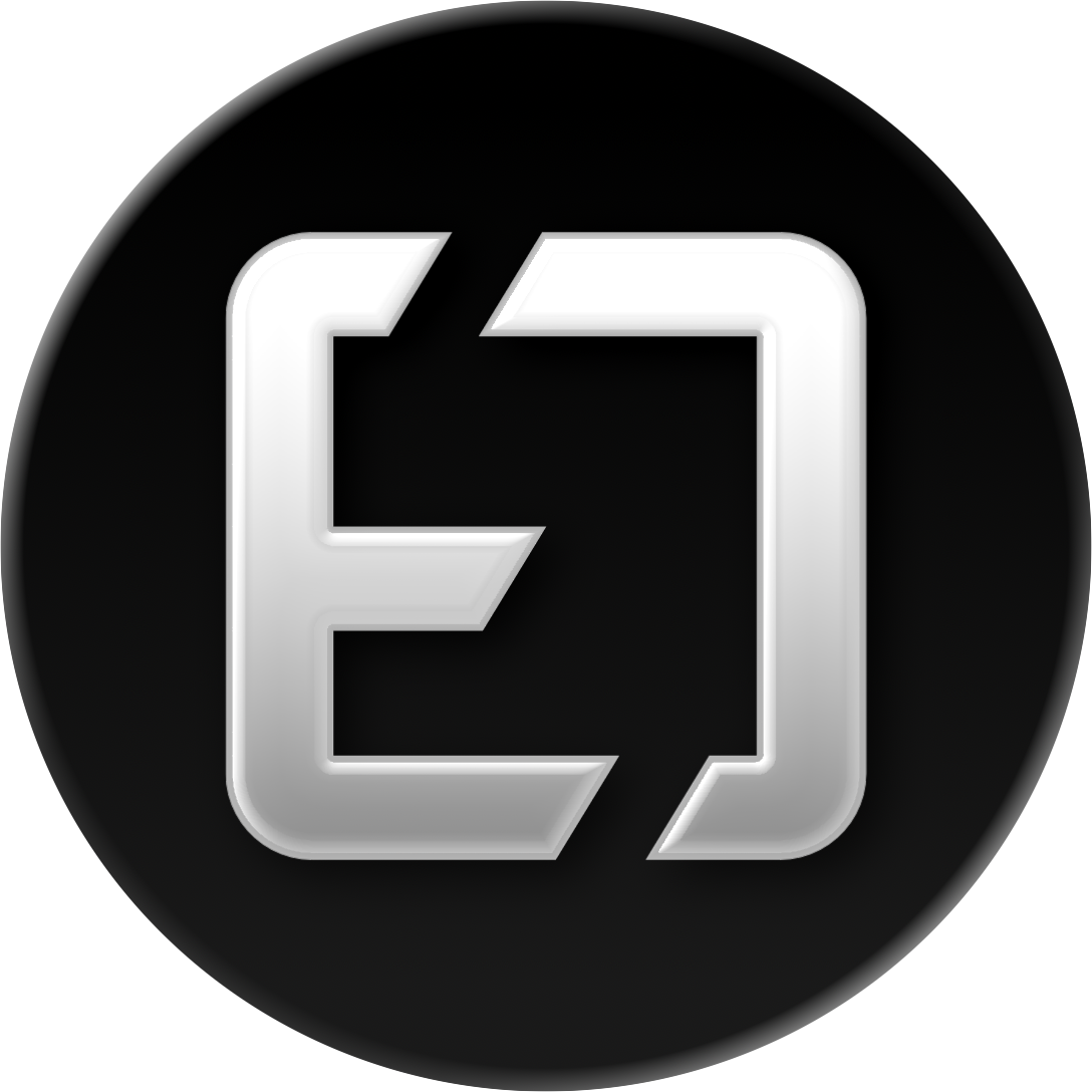 Silver stylized letters 'E' and 'D' intertwined on a black circular background.