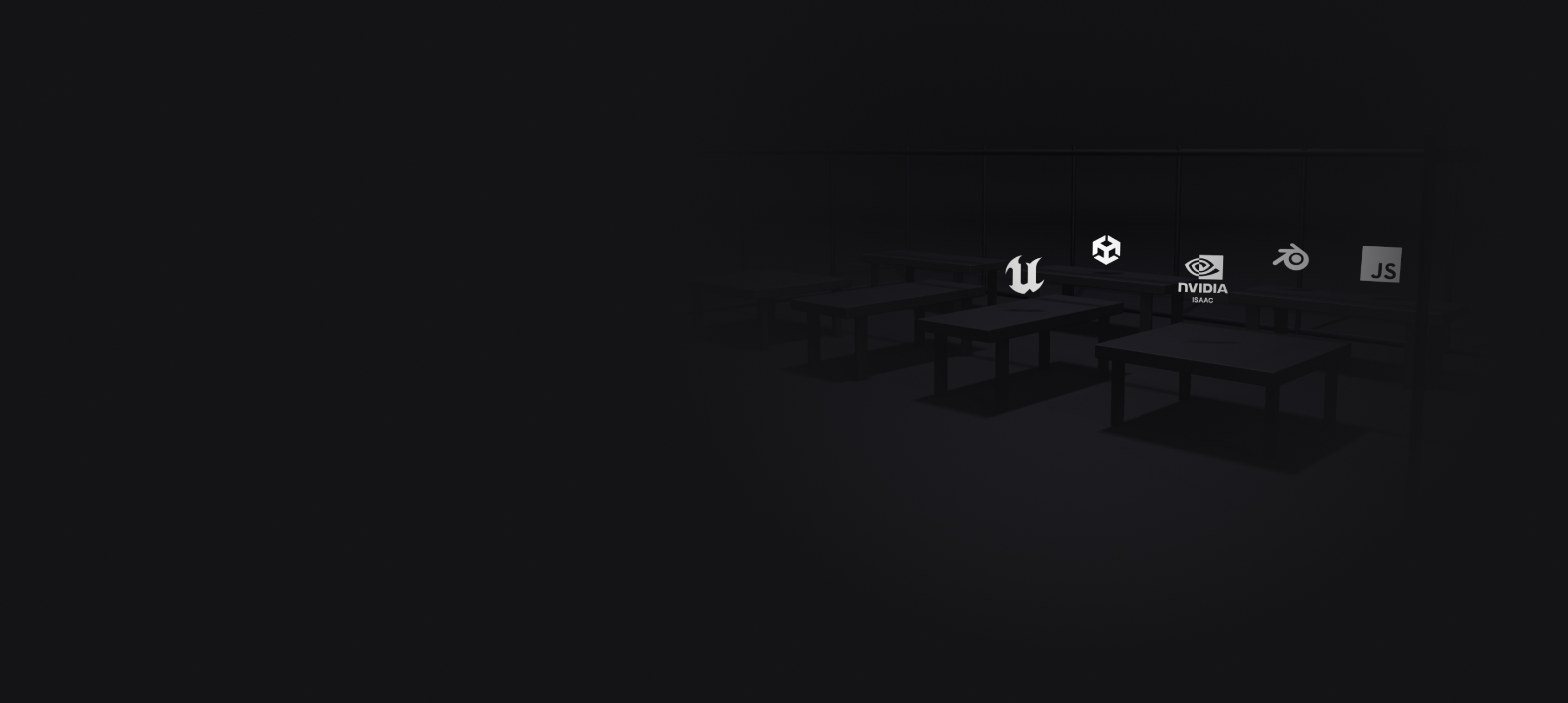 Faintly visible dark room with empty tables and benches displaying logos of Unreal Engine, Unity, Nvidia Isaac, Blender, and JavaScript.