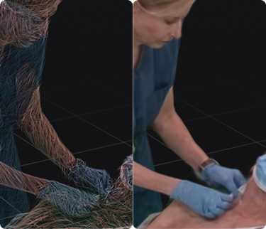 Abstract digital portrait of a person composed of fine, colored lines on a black background.