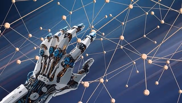 ai generated, robot, hand, network, nodes, connections, technology, artificial intelligence, cybernetics, future, innovation, digital, machine, learning, automation, interface, data, science, engineering, system, grid
