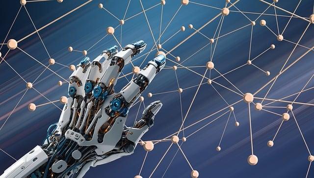 ai generated, robot, hand, network, nodes, connections, technology, artificial intelligence, cybernetics, future, innovation, digital, machine, learning, automation, interface, data, science, engineering, system, grid