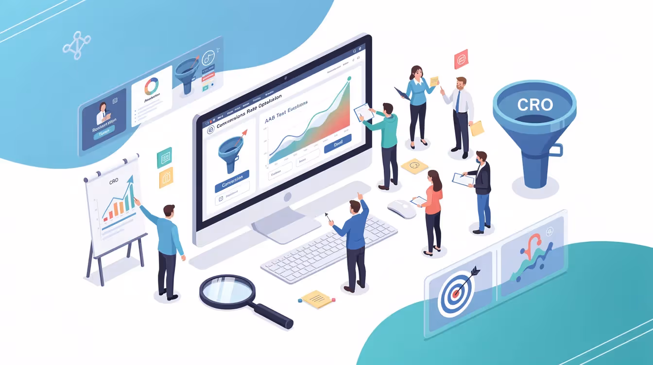 The image illustrates the concept of Conversion Rate Optimization (CRO) in the context of ecommerce businesses, highlighting the importance of data analysis and customer behavior insights for enhancing customer experience and boosting sales in the increasingly digital marketplace. Various elements such as analytics tools and marketing campaigns are depicted, emphasizing the technical and soft skills needed by ecommerce professionals to foster customer loyalty and optimize online retail strategies.