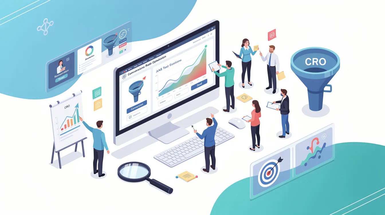 The image illustrates the concept of Conversion Rate Optimization (CRO) in the context of ecommerce businesses, highlighting the importance of data analysis and customer behavior insights for enhancing customer experience and boosting sales in the increasingly digital marketplace. Various elements such as analytics tools and marketing campaigns are depicted, emphasizing the technical and soft skills needed by ecommerce professionals to foster customer loyalty and optimize online retail strategies.