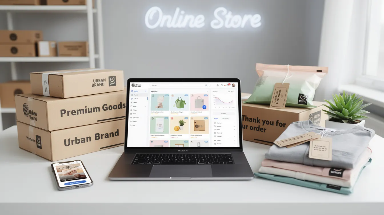 The image depicts a vibrant e-commerce setup featuring a professional website showcasing various products from a successful online store. It highlights elements of online business models, including digital products and marketing strategies, aimed at attracting a global audience through social media platforms.