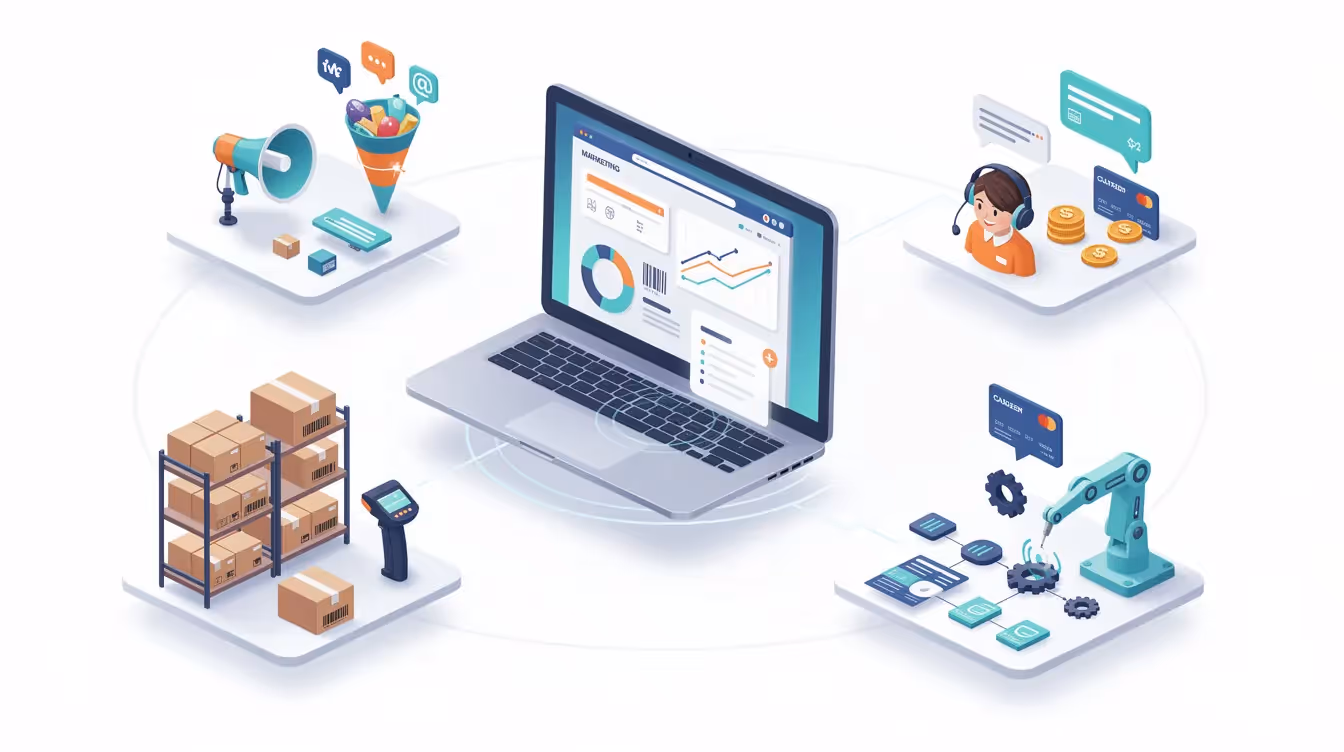 The image illustrates the essential components for scaling an e-commerce business, featuring elements such as inventory management, customer satisfaction, and automated workflows. Visual representations of an online store, marketing tools, and customer engagement strategies highlight the importance of these systems in achieving sustainable growth and enhancing customer service.