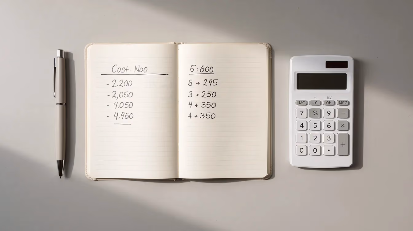 An overhead shot captures a notebook displaying a simple handwritten cost calculation, accompanied by a calculator and a pen, all resting on a plain desk bathed in soft daylight. This minimalist setup suggests a focus on managing expenses, essential for anyone considering a dropshipping business in 2026.