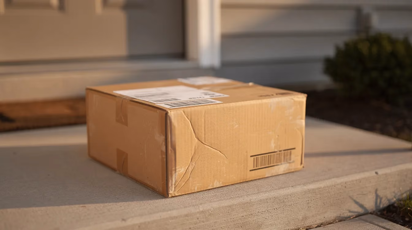 A single cardboard parcel, slightly worn and resting on a doorstep, is illuminated by soft late-afternoon light, with a neutral suburban background slightly out of focus. This image evokes the essence of an ecommerce business, where dropshipping models allow for direct shipping without holding inventory.