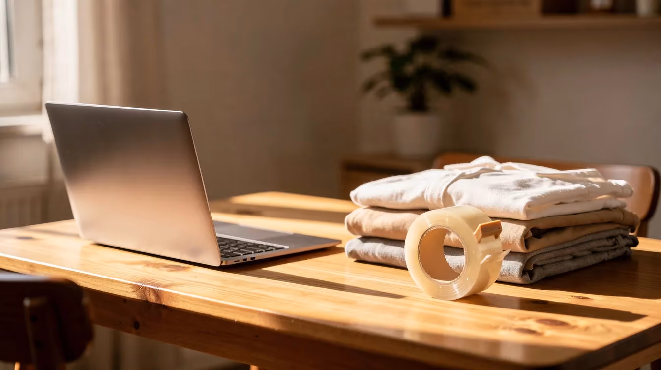 A cozy home workspace features a laptop, neatly folded plain garments, and a roll of packing tape on a wooden table, illuminated by warm natural light. This setup is ideal for managing an online store or a dropshipping business, emphasizing the importance of reliable supplier relationships and efficient inventory management.